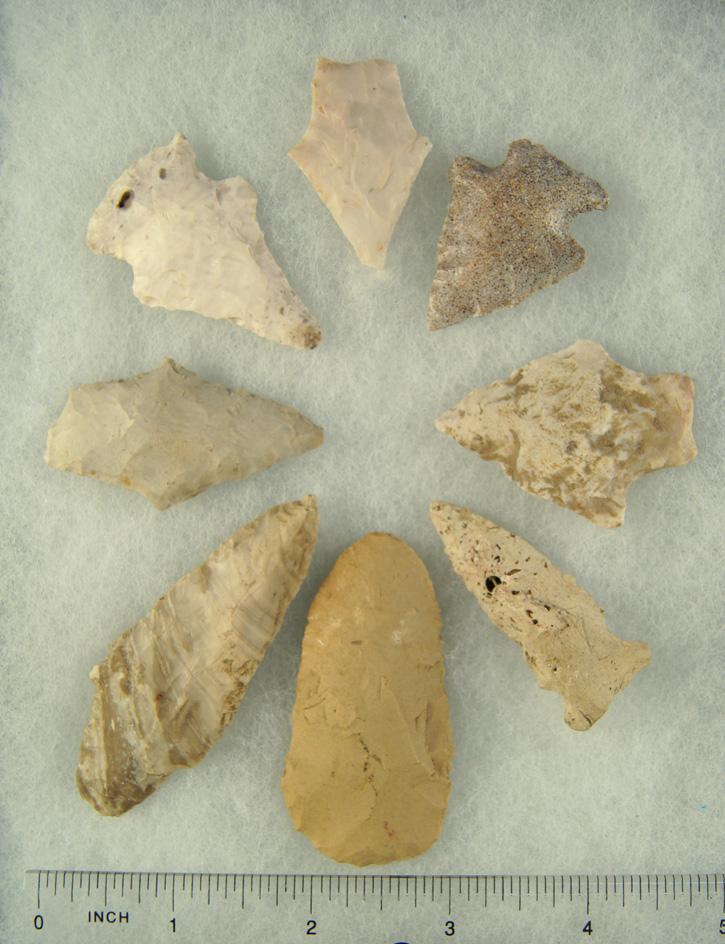 Set of eight assorted Arrowheads, largest is 2 3/4" found in Pettis Co.,  Missouri.