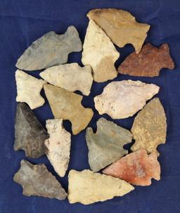 Set of 15 assorted Indiana Arrowheads, largest is 1 5/8".