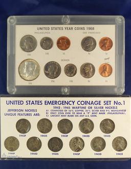 Complete 11 Coin Silver War Nickel Set VG-VF and 1968 Coin Set Cent – Half Dollar P, D and S AU-BU