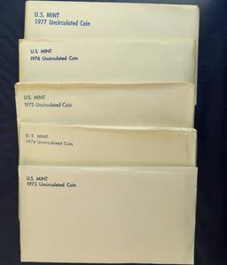 1973, 1974, 1975, 1976 and 1977 Mint Sets in Original Envelopes