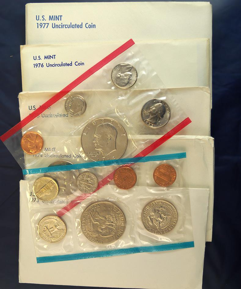 1973, 1974, 1975, 1976 and 1977 Mint Sets in Original Envelopes