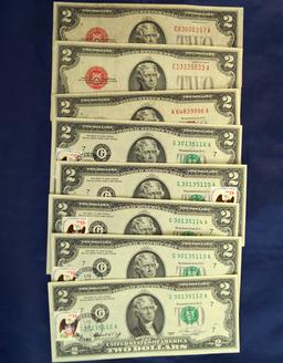 1928 D, 1928 G and 1953 B Red Seal $2.00 U. S. Notes, 5 Consecutive 1976 $2.00 Federal Reserve Notes