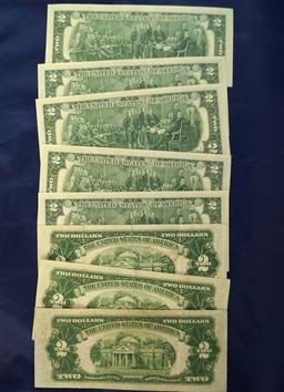 1928 D, 1928 G and 1953 B Red Seal $2.00 U. S. Notes, 5 Consecutive 1976 $2.00 Federal Reserve Notes