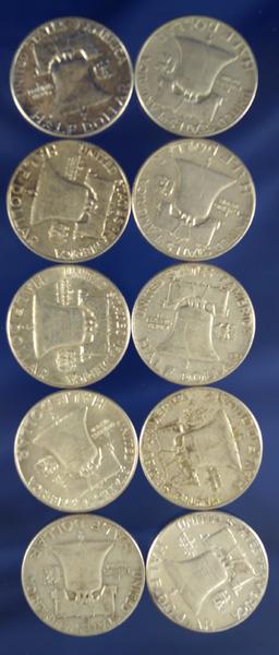 10 Franklin Silver Half Dollars XF-AU