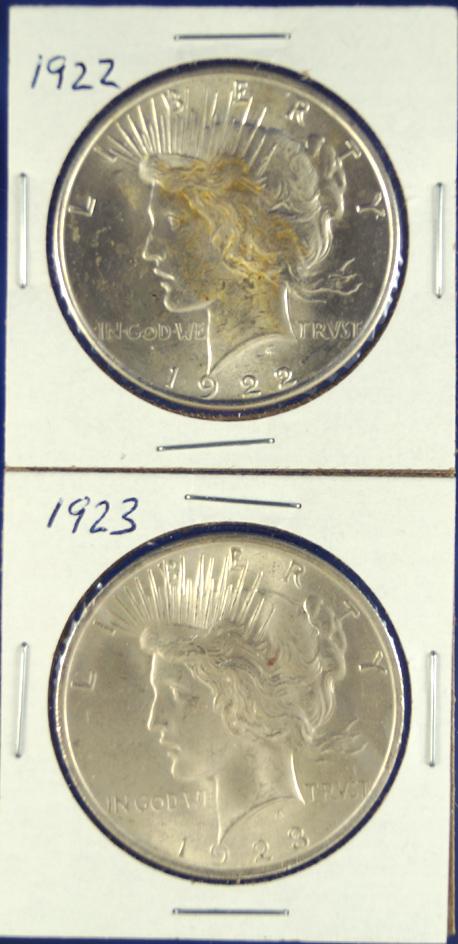 1922 and 1923 Peace Silver Dollars AU-BU