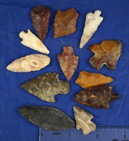 Group of 12 assorted arrowheads found near the Columbia River, largest is 2 1/16".