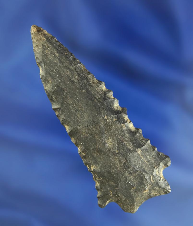 Excellent style and serrations on this heavily patinated 3 3/8" Dover Flint Knife found in Tennessee