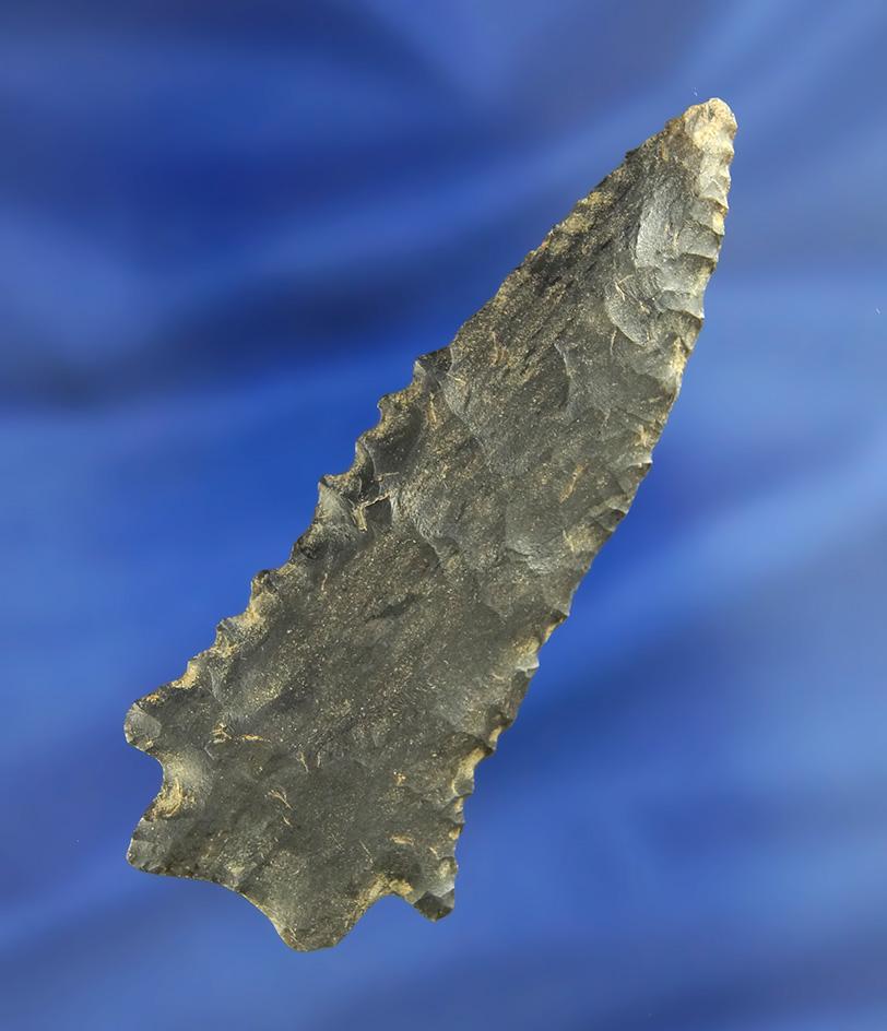 Excellent style and serrations on this heavily patinated 3 3/8" Dover Flint Knife found in Tennessee