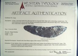 Very large 8 1/8" black Obsidian Crescent Knife found in the Great Basin Region  Stermer COA.