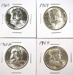 1954, 1960, 1963-D Franklin and 1964 Kennedy Half Dollars AU-BU