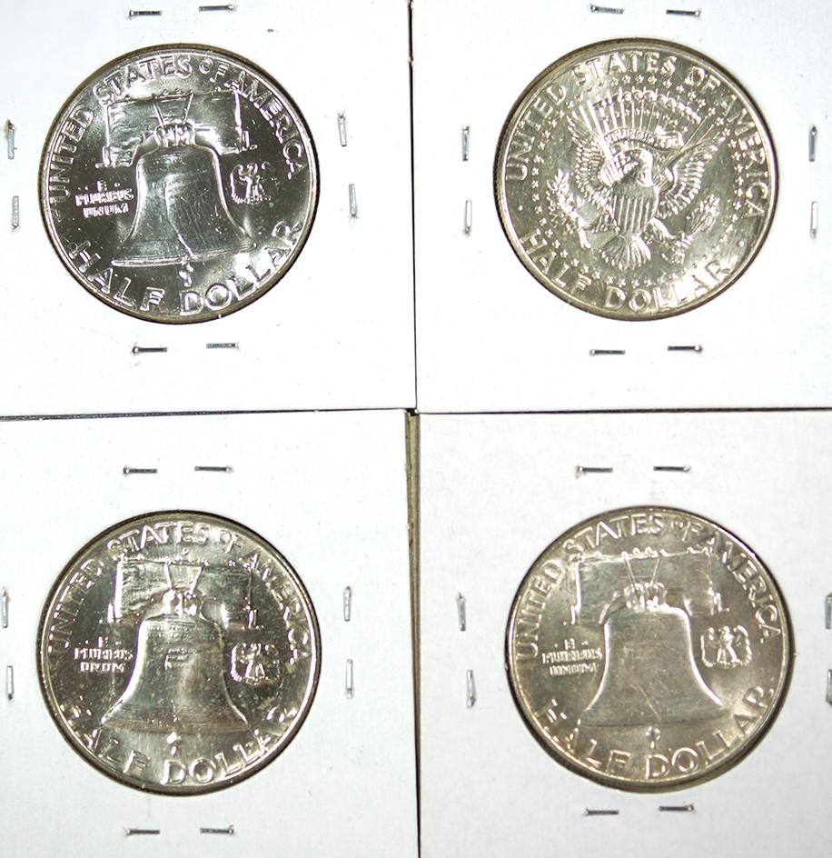 1954, 1960, 1963-D Franklin and 1964 Kennedy Half Dollars AU-BU