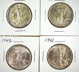 1942, 1943, 1944 and 1945 Walking Liberty Half Dollars AU-Choice AU