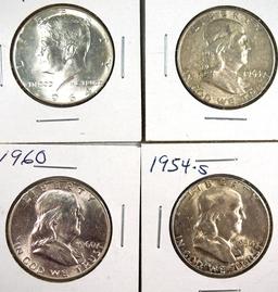 1954-S, 1960, 1963-D Franklin and 1964 Kennedy Half Dollars XF-BU