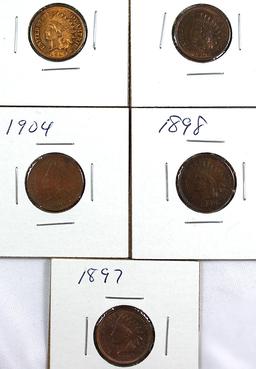 1897, 1898, 1904, 1908 and 1909 Indian Cents XF-Choice AU