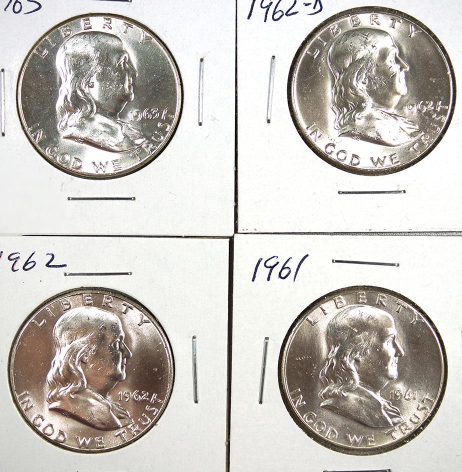 1961, 1962, 1962-D and 1963 Franklin Half Dollars BU