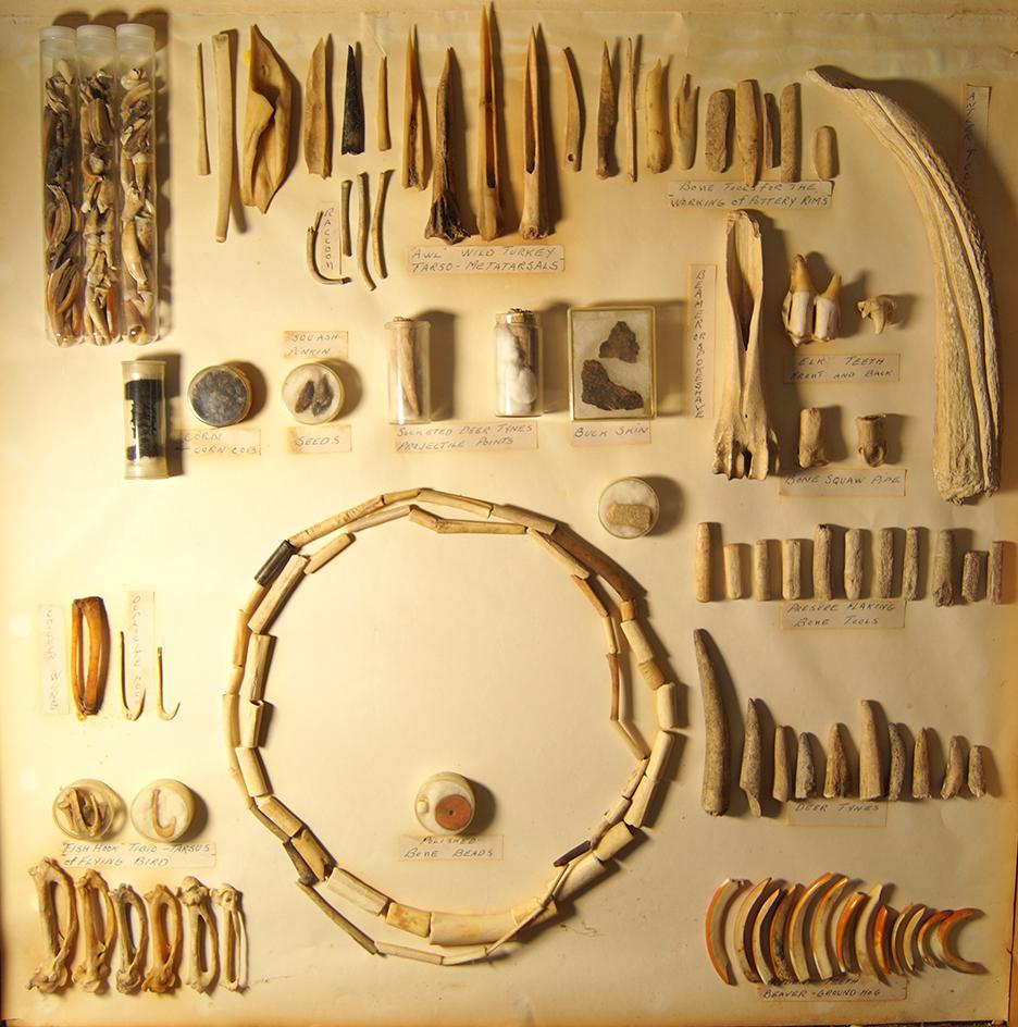 Large framed group of bone artifacts found at the South Park site in the Cuyahoga Valley, Ohio.