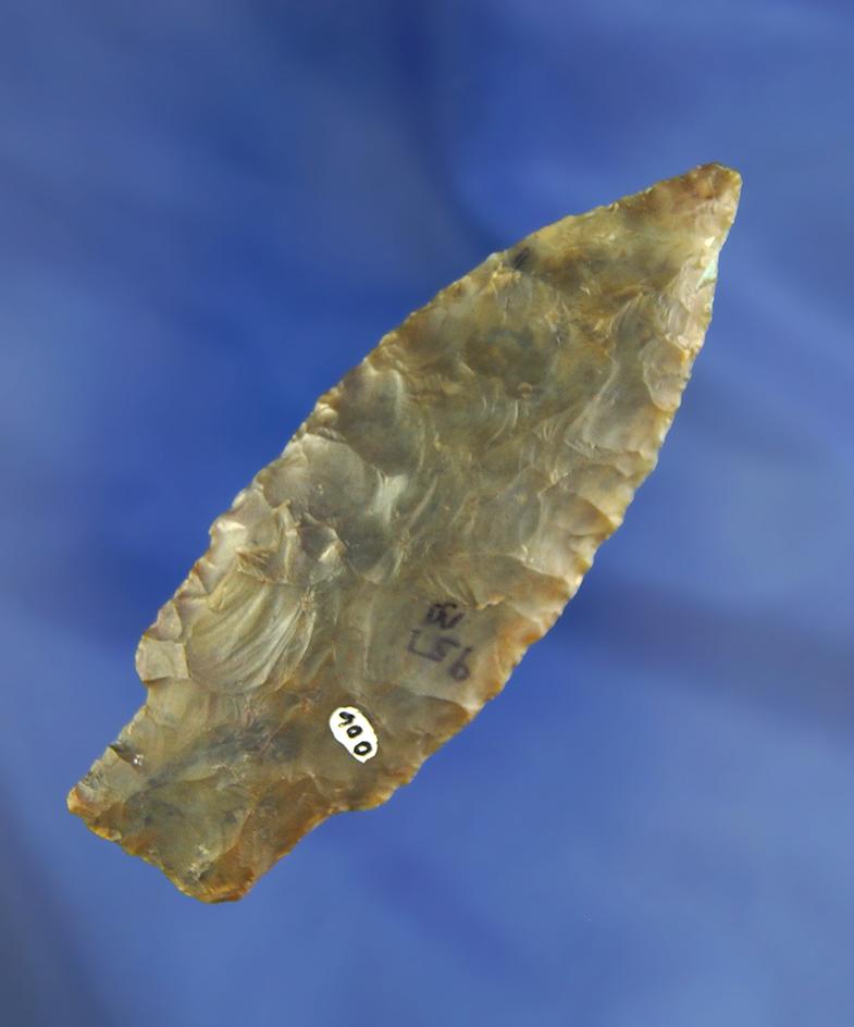 3 7/16" Paleo Stemmed Lanceolate - Flint Ridge Flint found in Licking Co., Ohio. Ex. Dick Prexta.