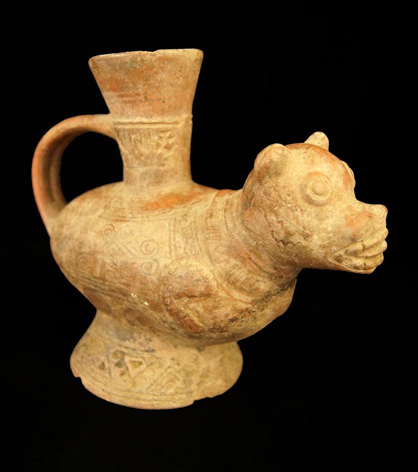 8 1/2" Jaguar Effigy Bottle - Lambayeque, Northern Peru, circa 1000-1200 AD.  Bennett COA.