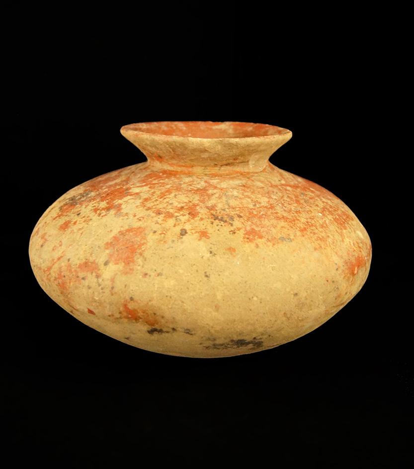 6 1/4" Tall by 10" Wide Red Painted Squat Form Storage Vessel- Colima, Mexico,  Schmitt COA.