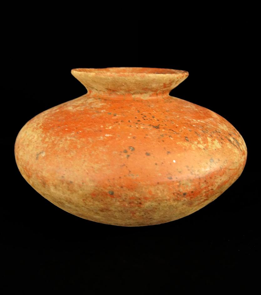 6 1/4" Tall by 10" Wide Red Painted Squat Form Storage Vessel- Colima, Mexico,  Schmitt COA.