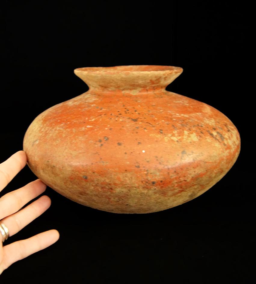 6 1/4" Tall by 10" Wide Red Painted Squat Form Storage Vessel- Colima, Mexico,  Schmitt COA.