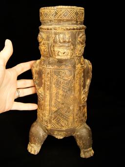 12" Tri-legged Zoomorphic Effigy Bottle with Rattle Legs - Restored.  Costa Rica. Bennett COA.