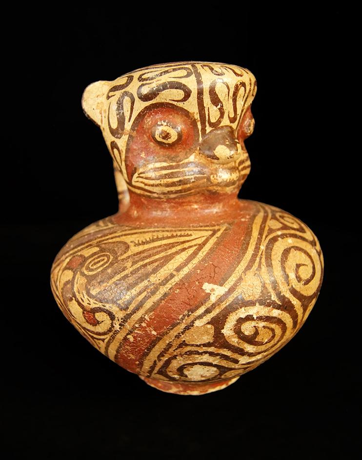 7" Tall Polychrome Spouted Jar with masked animal effigy.   Central Panama. Schmitt COA.