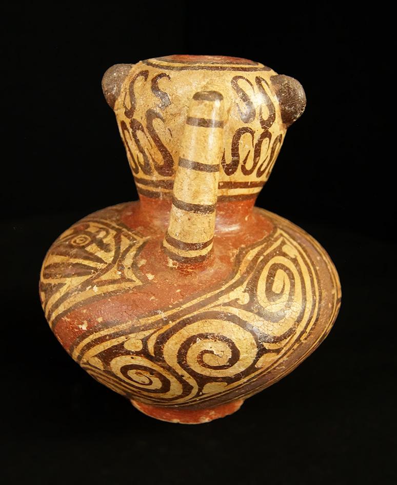 7" Tall Polychrome Spouted Jar with masked animal effigy.   Central Panama. Schmitt COA.