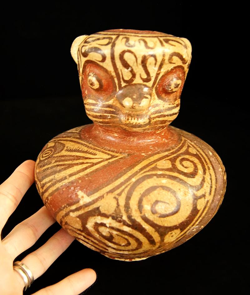 7" Tall Polychrome Spouted Jar with masked animal effigy.   Central Panama. Schmitt COA.