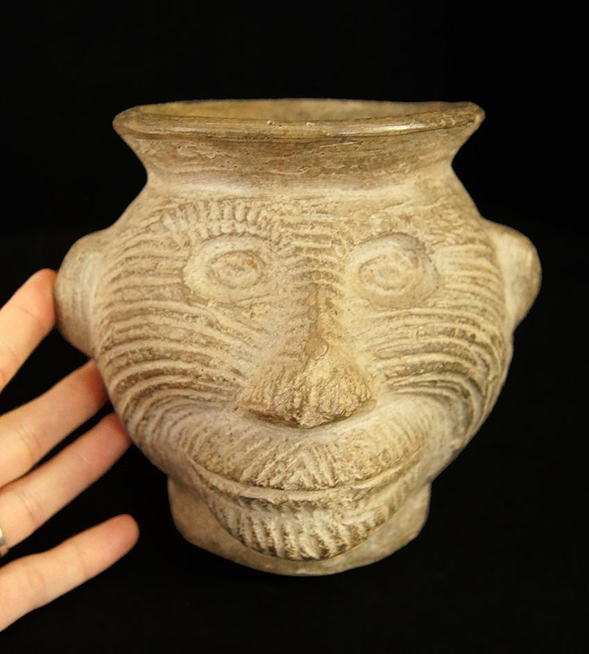 5 7/8" Chimu Culture Human Face Effigy Jar.   Peru, circa AD 800-1200. Ex. Jim Cross. Schmitt COA.