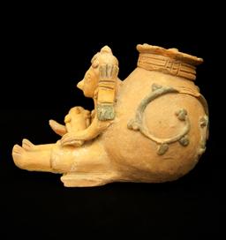 3 3/4" Tall by 5 3/4" Long Jama Coaque Culture Painted Jar with Maternal Figure. Ecuador. COA.