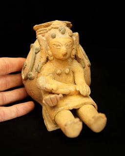 3 3/4" Tall by 5 3/4" Long Jama Coaque Culture Painted Jar with Maternal Figure. Ecuador. COA.
