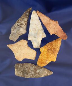 Set of six assorted arrowheads found in Missouri, largest is 2 5/8".