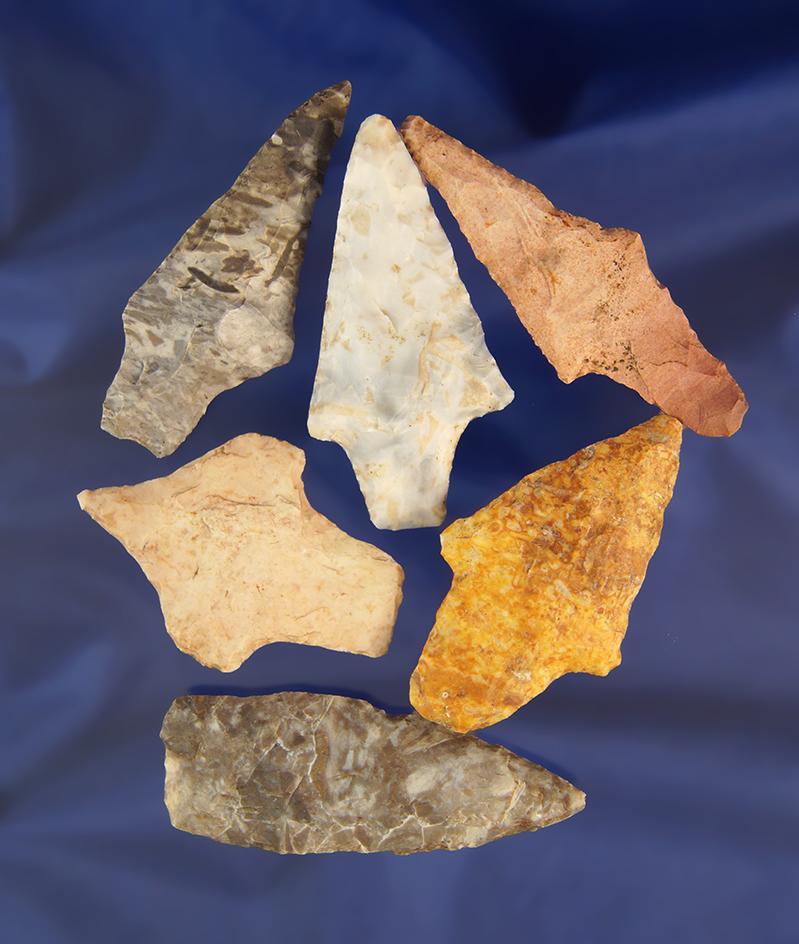 Set of six assorted arrowheads found in Missouri, largest is 2 5/8".