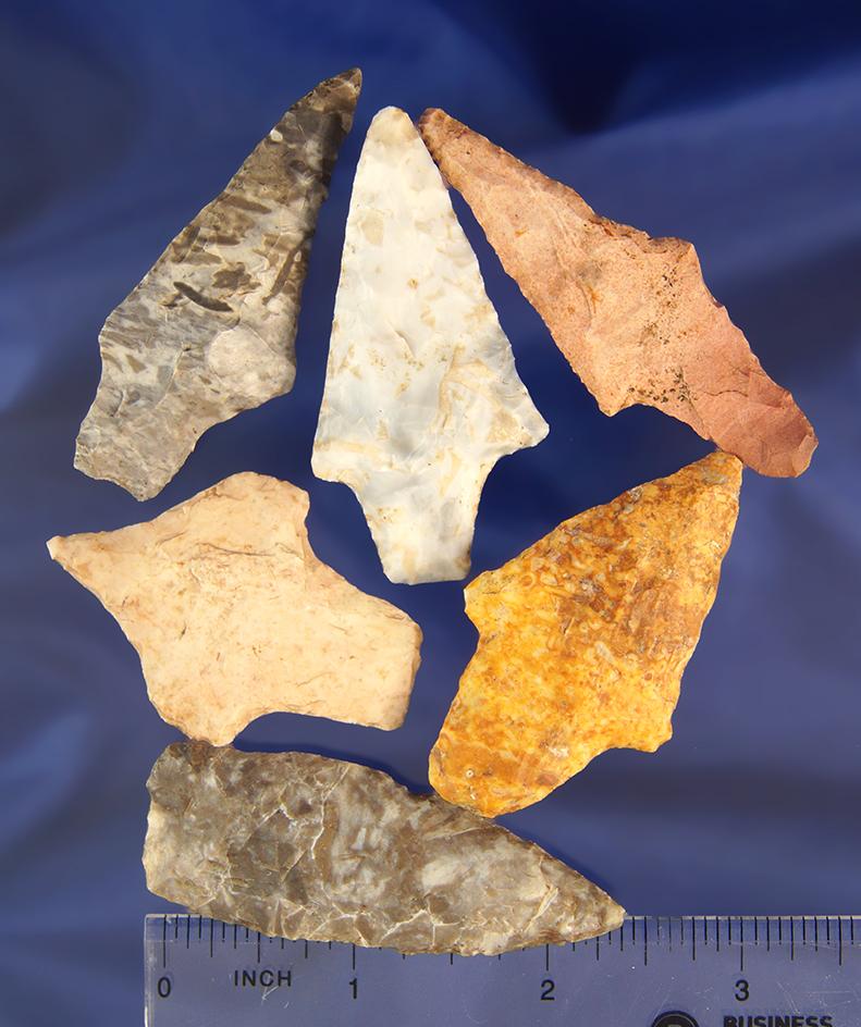 Set of six assorted arrowheads found in Missouri, largest is 2 5/8".