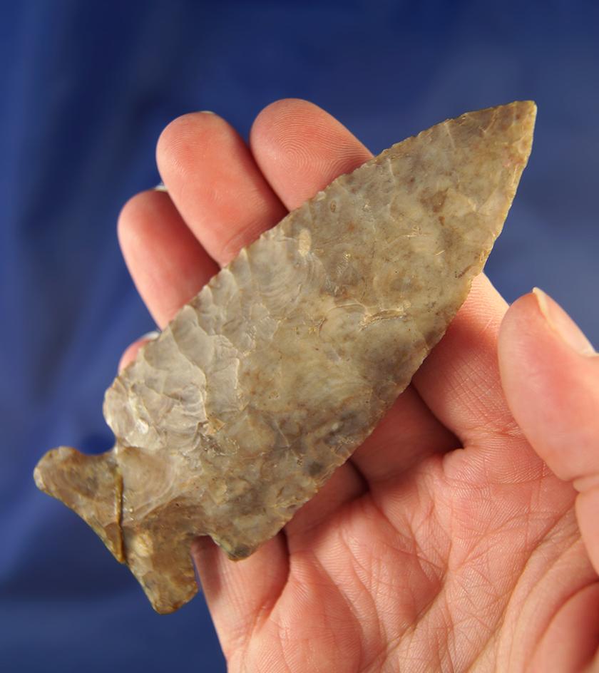 4" Flint Ridge Flint Sidenotch found in Ohio. Base has been broken and glued.