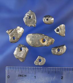 Set of eight pieces of drilled natural graphite, largest is 1". Collected from the Bead Patch in the