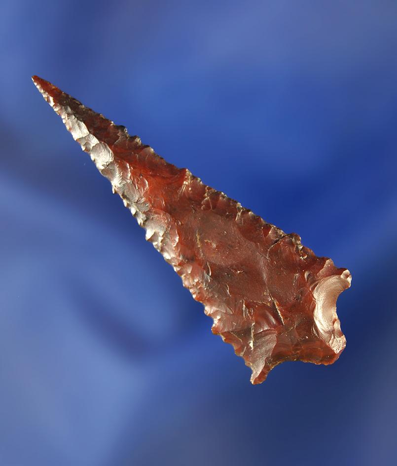 Large 2" Rabbit Island with nice edge serrations that is beautifully flaked from dark red Jasper.