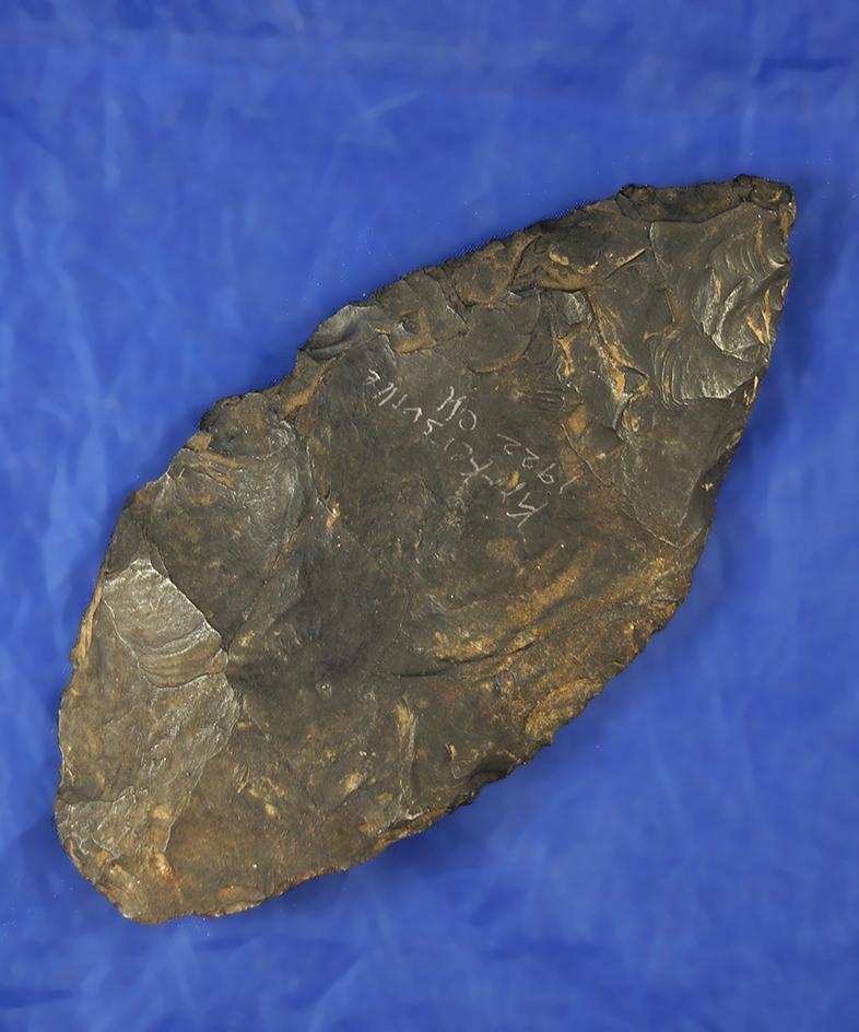 Heavily patinated 5 5/16" Coshocton Flint Blade found near Kirkersville, Ohio in 1922.