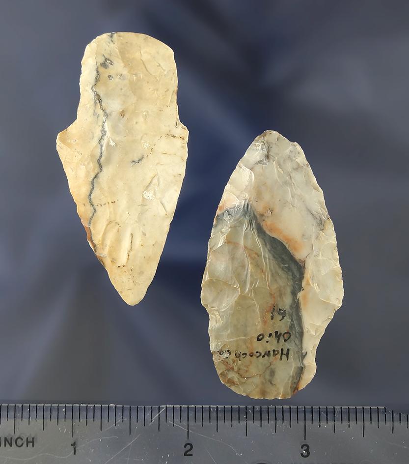 Pair of colorful Flint Ridge Flint Adena Points found in Hancock Co., Ohio. Largest is 2 5/16".