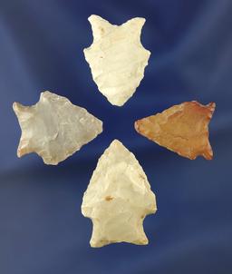 Set of four Hardaway arrowheads found in the Midwest and southern U.S. Largest is 1 1/4".