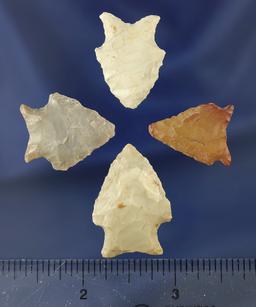 Set of four Hardaway arrowheads found in the Midwest and southern U.S. Largest is 1 1/4".