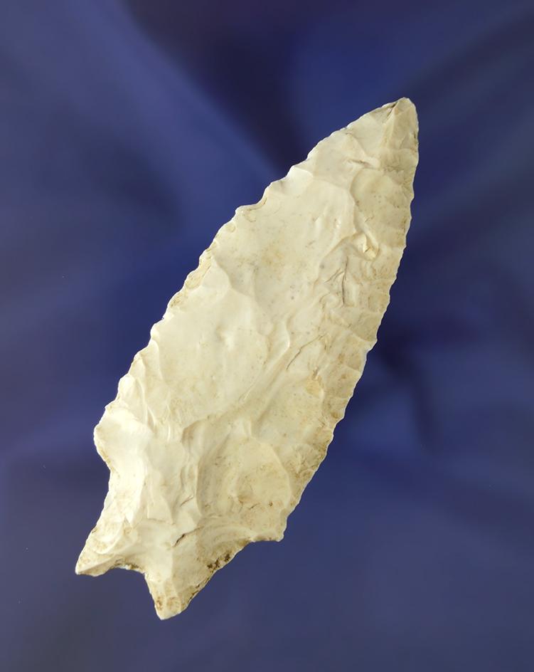 Nice Bifurcated Base on this 3 5/8" serrated Flint Ridge Flint Knife found in Ohio. Ex. Rocky Hall.