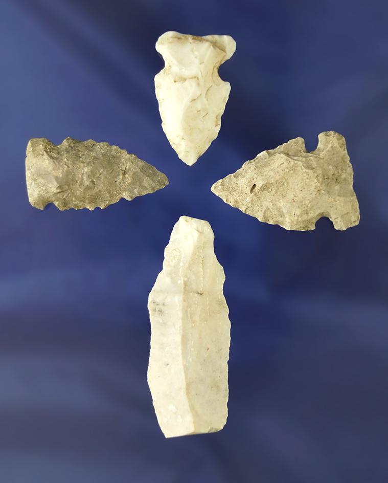 Set of four artifacts including three arrowheads and a Bladelet found in Ohio. Largest is 1 3/4".