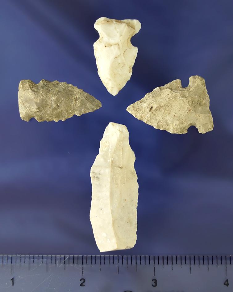 Set of four artifacts including three arrowheads and a Bladelet found in Ohio. Largest is 1 3/4".