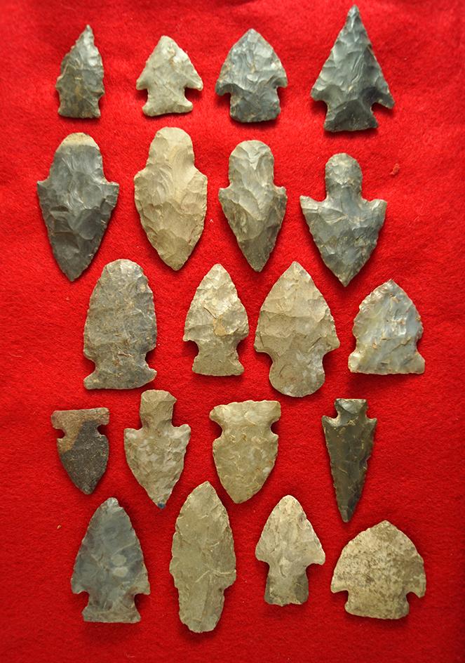 Excellent group of 20 assorted arrowheads found in southern Ohio and Northern Kentucky.