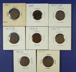 1861, 1900 Indian Cents and 1909 VDB, 1917-D, 1918-D and 3 1921-S Lincoln Wheat Cents G-AU