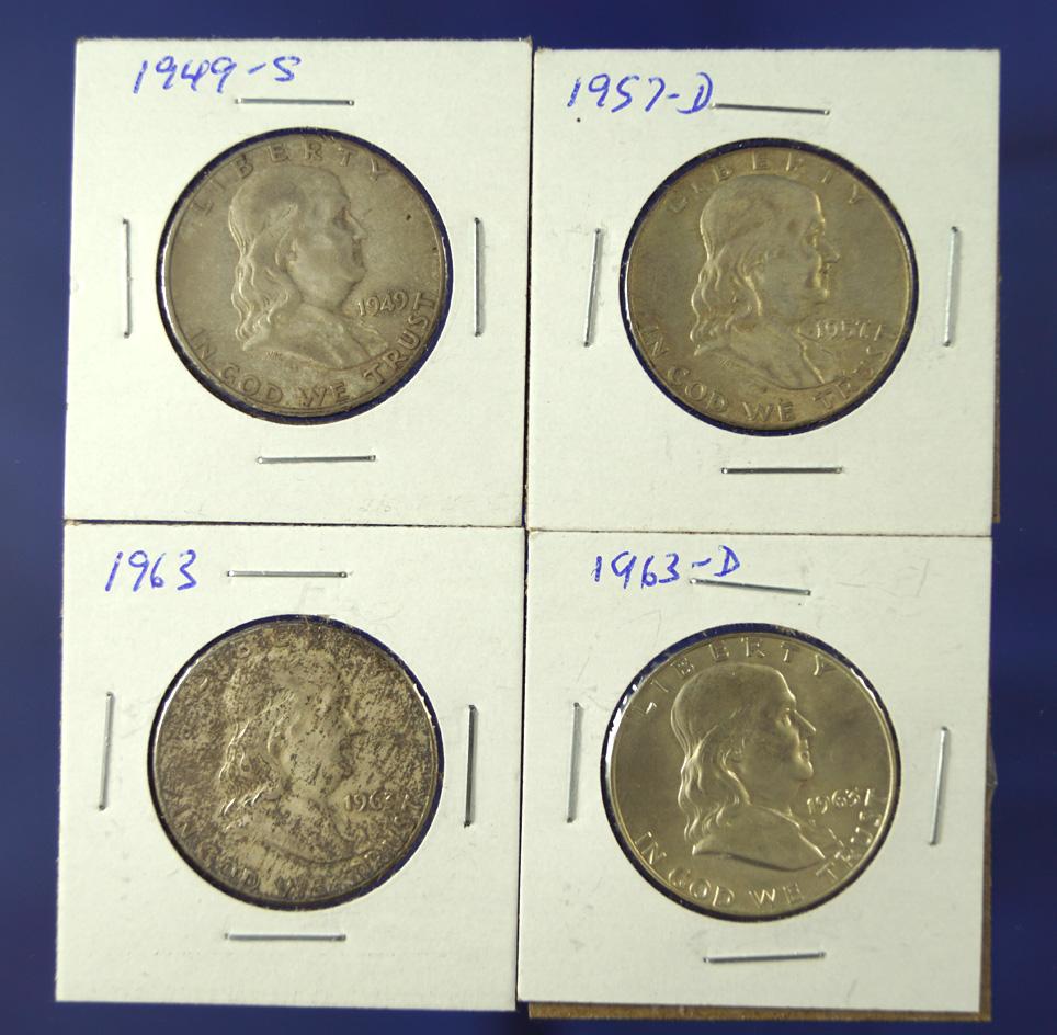 1949-S, 1957-D, 1963 and 1963-D Franklin Half Dollars VF-BU