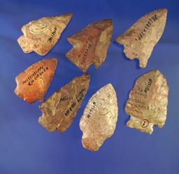 Set of seven assorted Mississippi arrowheads, largest is 2 1/2".