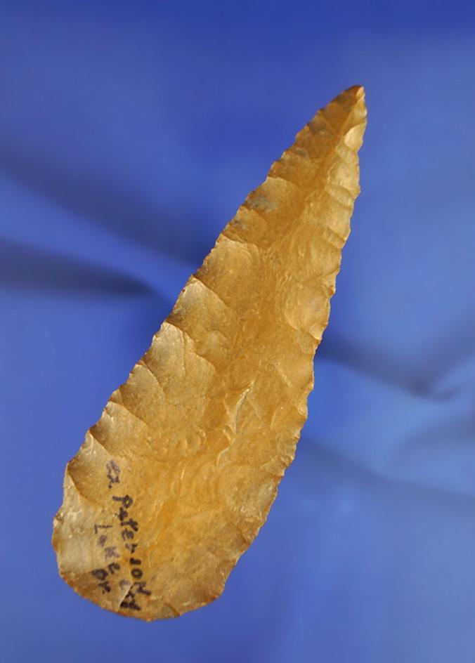 Large 5 1/8" heavily patinated Jasper Blade found in Lake Co.,  Oregon. Ex. Peterson collection.